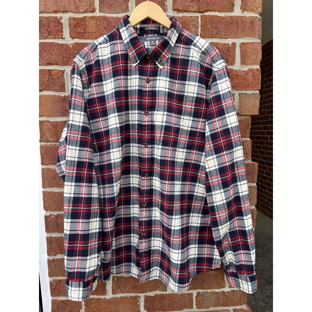 Eddie Bauer Men's XL Cotton Flannel Shirt Plaid, Button-Up, Long Sleeve